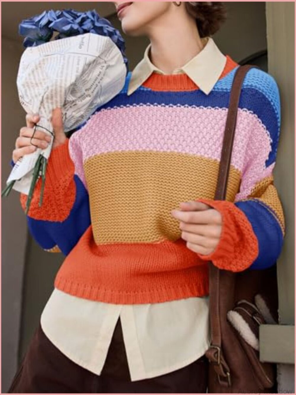 Color Block Cropped Sweater Oversized Y2k Trendy Pullover Top